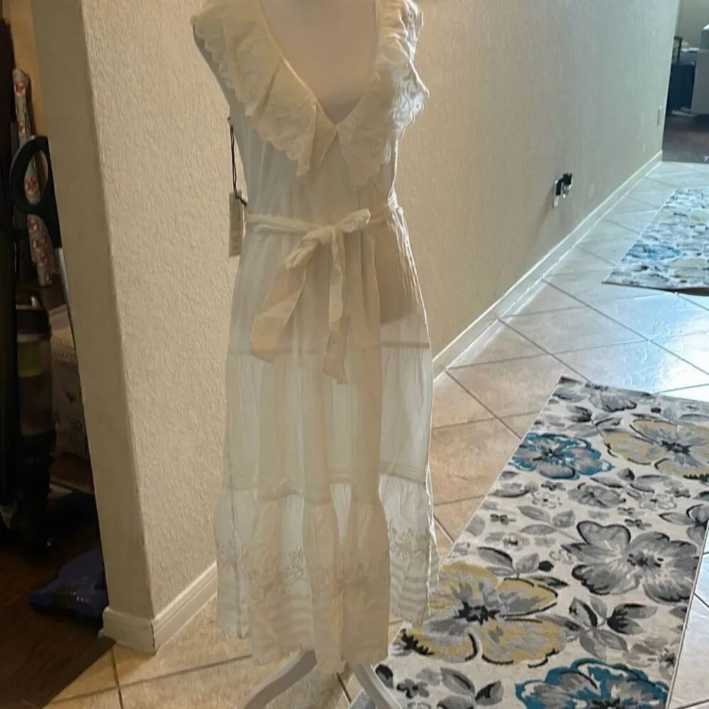 St. Roche 8 Nightingale Tiered Midi Dress Milky White Ruffled Eylet Lace Trim Ne